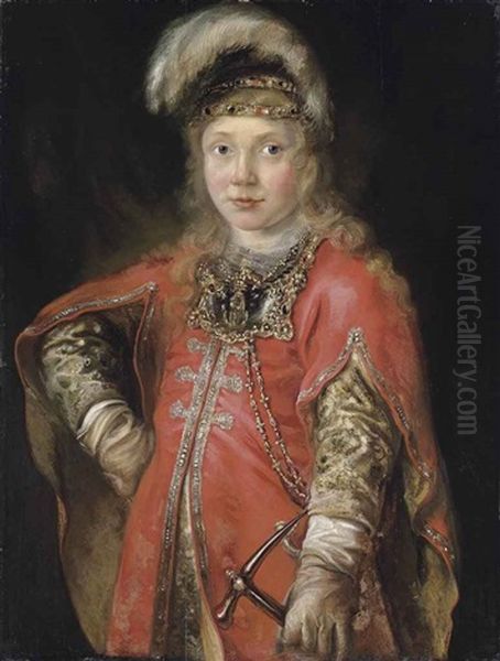 Portrait Of A Boy, Three-quarter-length, In A Red Tunic With Gold Embroidered Sleeves And A Feathered Headdress, Holding A Pick In His Left Hand Oil Painting by Karel Slabbaert