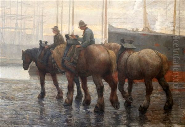 Havenarbeiders Te Paard Op Een Kade In Antwerpen by Frans Slager