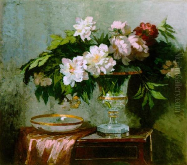 A Still Life With Peonies In A Vase Oil Painting by Jeannette Slager