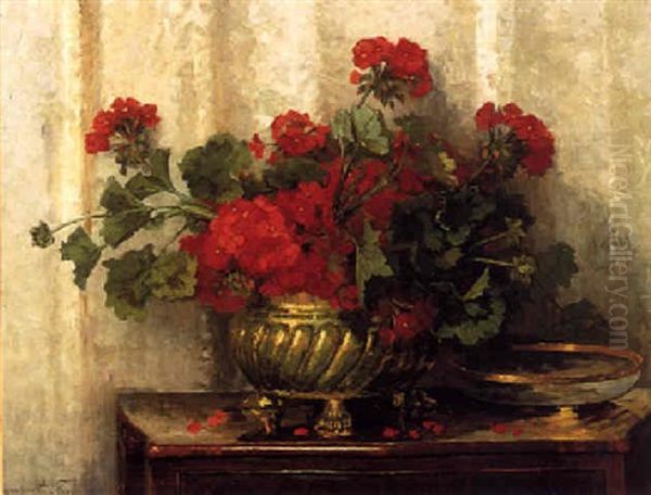 Red Geraniums In A Bowl Oil Painting by Jeannette Slager