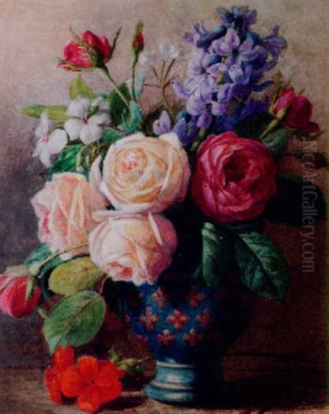 Roses And Delft Blue Hyacinths In A Vase Oil Painting by Charles Henry Slater