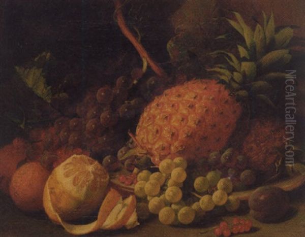 Pineapples, Grapes, Redcurrants, Oranges, A Lemon, And A Plum, On A Plate Oil Painting by Charles Henry Slater