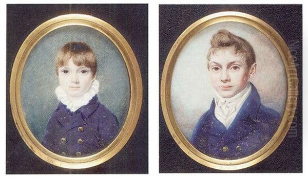 Mr. And Mrs. Anderson And Their Four Young Sons, He In A Blue Coat And Frilled Shirt; She In A Low-cut White Dress With Frilled Collar And A Turban In Her Curling Hair Oil Painting by Isaac Ware Slater