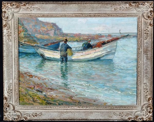 Fishermen Preparing To Set Out In A Coble Oil Painting by John Falconar Slater