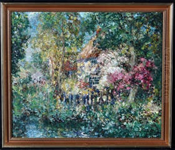 A Pointillistic Cottage Garden Oil Painting by John Falconar Slater