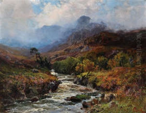 An Upland River Landscape With A Misty Peak In The Background Oil Painting by John Falconar Slater