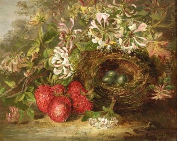 Still Life With Bird's Nest And Strawberries Oil Painting by Julia Cornelia Widgery Griswald Slaughter