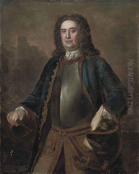 Portrait Of Major General Richard St. George In A Blue Coat And Breast Plate, A Tricorn In His Left Hand, His Right Hand On A Canon, A Castle Beyond Oil Painting by Stephen Slaughter