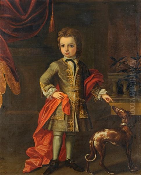 Portrait Of A Young Boy, Standing, Wearing An Embroidered Coat And Red Shawl, A Greyhound Nearby Oil Painting by Stephen Slaughter