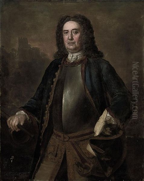 Portrait Of Major General Richard St. George, In A Blue Coat And Breast Plate, A Tricorn In His Left Hand, His Right Hand On A Canon, A Castle Beyond Oil Painting by Stephen Slaughter