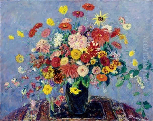 Bouquet Of Flowers On A Persian Carpet Oil Painting by Maria Slavona