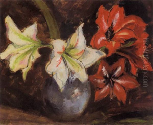 Stilleben Mit Roten Und Weisen Amaryllis In Einer Blauen Kugelvase Oil Painting by Maria Slavona