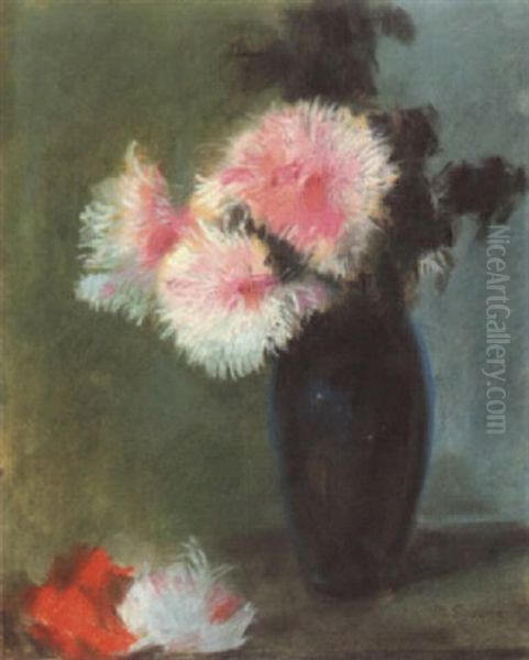 Dahlien In Blauer Vase Oil Painting by Maria Slavona