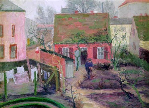 Rotes Gartnerhaus Mit Gartner (vorfruhling, Kahlhorst Bei Lubeck) Oil Painting by Maria Slavona