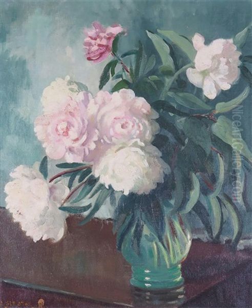 Still Life Of Peonies In A Green Vase Oil Painting by James Sinton Sleator