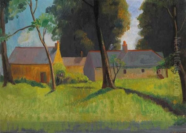 Landscape With Farm Buildings And Trees Oil Painting by James Sinton Sleator