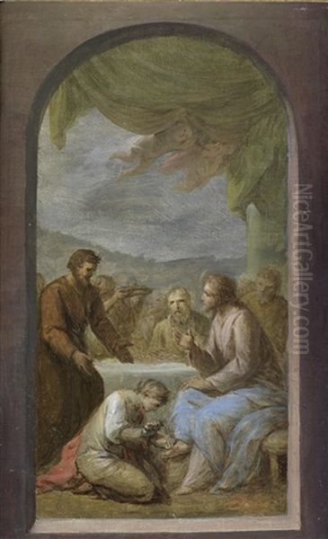 Christ In The House Of Simon The Pharisee, Within A Painted Stone Archway Oil Painting by Francesco Sleter