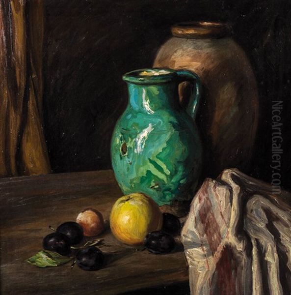 Stillleben Mit Obst, Einem Keramik-krug Und Einer Vase Gruppiert Entlang Der Bilddiagonalen Vor Dunklem Hintergrund Oil Painting by Max Slevogt