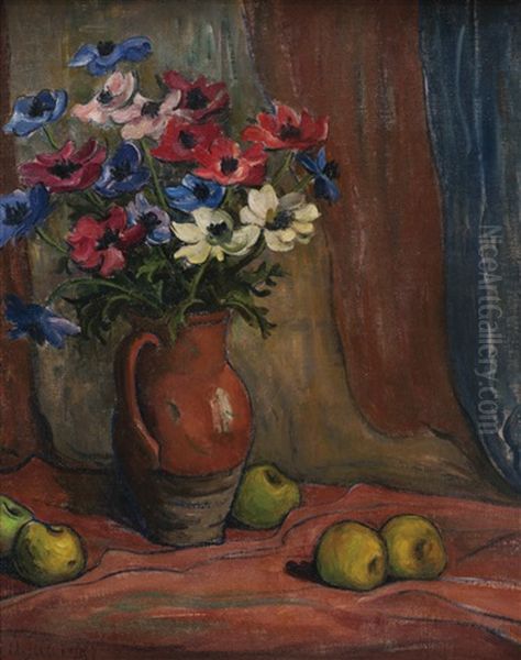 Nature Morte Aux Anemones Et Aux Pommes Oil Painting by Wladyslaw Slewinski