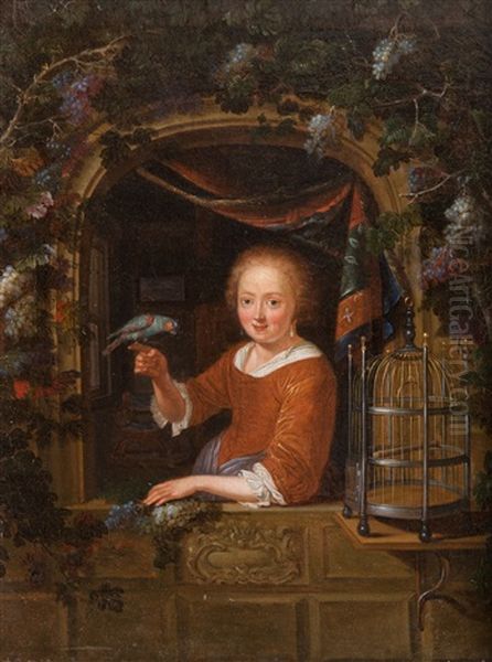 Jeune Fille A La Fenetre, Tenant Un Perroquet Oil Painting by Pieter Cornelisz van Slingeland