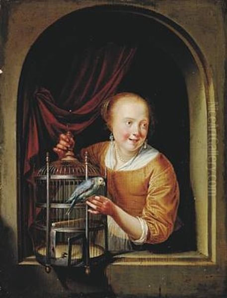 Young Girl With A Bird's Cage At A Window Oil Painting by Pieter Cornelisz van Slingeland