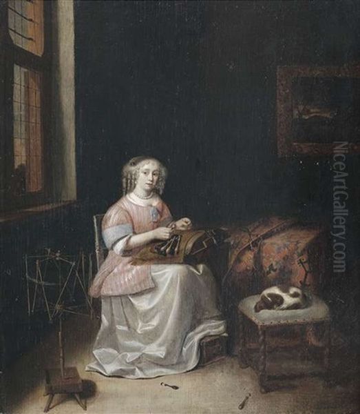 Spitzenklopplerin Im Interieur Oil Painting by Pieter Cornelisz van Slingeland