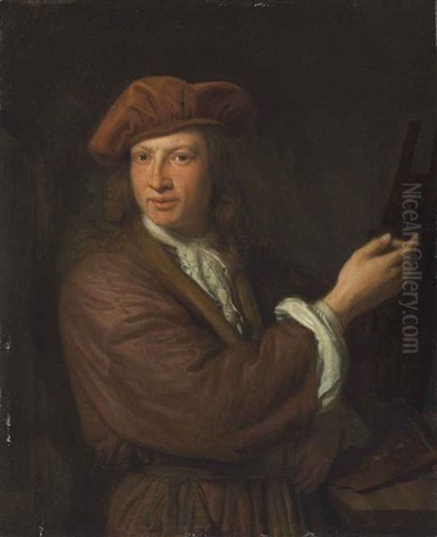 Self-portrait Of The Artist At His Easel Oil Painting by Pieter Cornelisz van Slingeland