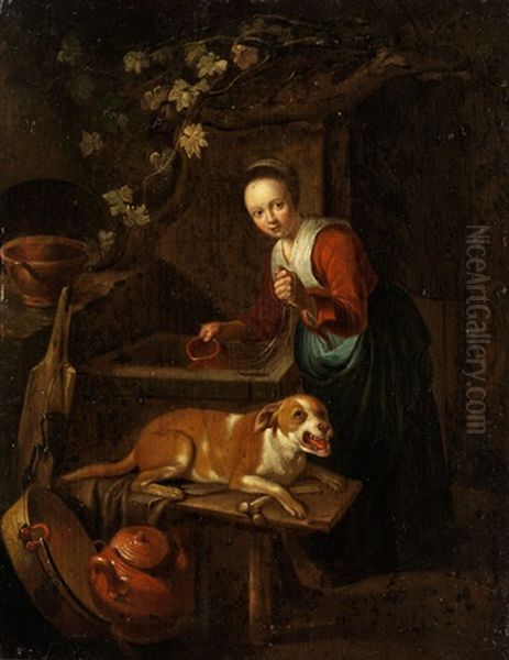 Junge Magd Mit Hund Beim Wasserschopfen Am Brunnen Oil Painting by Pieter Cornelisz van Slingeland