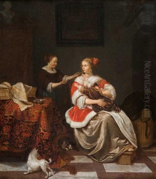 Jeune Femme Tenant Un Enfant Sur Ses Genoux Avec Sa Suivante Dans Un Interieur Oil Painting by Pieter Cornelisz van Slingeland