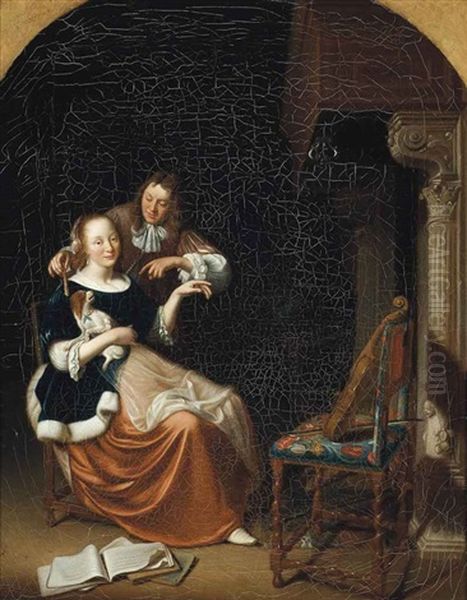 A Couple Beside A Fireplace In An Interior Oil Painting by Pieter Cornelisz van Slingeland