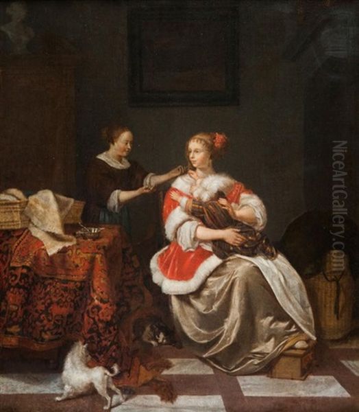 Jeune Femme Tenant Un Enfant Sur Ses Genoux Avec Sa, Suivante Dans Un Interieur Oil Painting by Pieter Cornelisz van Slingeland