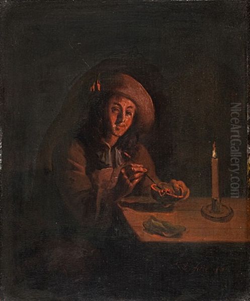 Bildnis Eines Mannes Mit Schlapphut, Eine Schale Mit Glut In Handen Haltend Oil Painting by Pieter Cornelisz van Slingeland