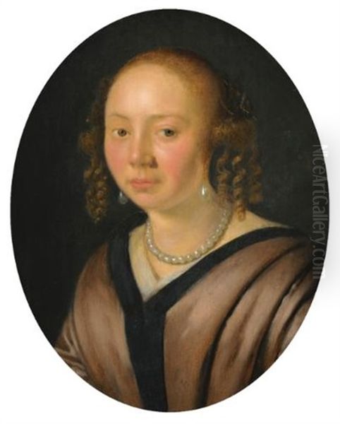 Portrait Of A Lady, Head And Shoulders, Wearing Pearl Earrings, And A Necklace Oil Painting by Pieter Cornelisz van Slingeland