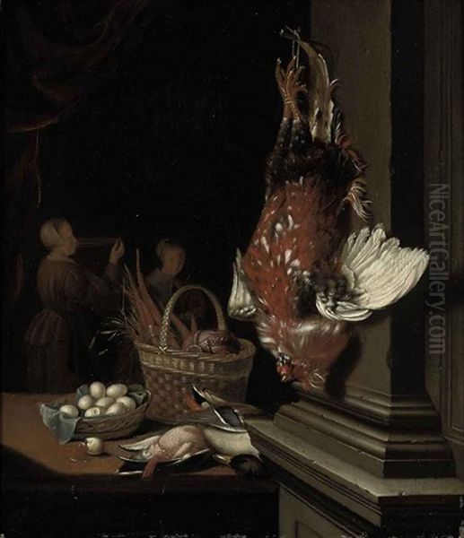 A Dead Cockerel Hanging From A Nail, Ducks, Eggs And Carrots In Wicker Baskets On A Table In An Interior, Two Maids Beyond Oil Painting by Pieter Cornelisz van Slingeland