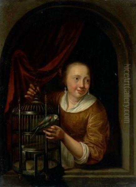 Jeune Fille A La Perruche, Dans Une Fenetre Cintree by Pieter Cornelisz van Slingeland