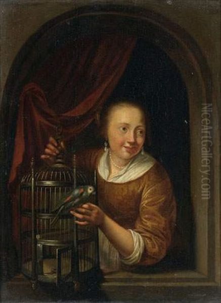 Jeune Fille A La Perruche, Dans Une Fenetre Cintree by Pieter Cornelisz van Slingeland