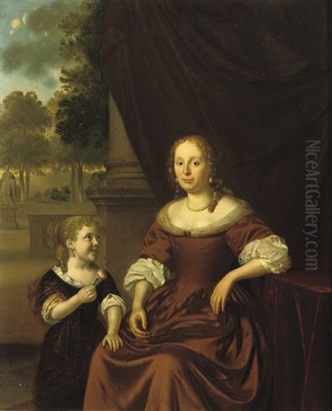 Portrait Of A Lady, In A Brown Dress And Pearl Necklace, Seated By A Table, A Girl By Her Side Holding A Flower Oil Painting by Pieter Cornelisz van Slingeland