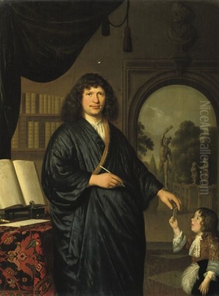 Portrait Of A Gentleman, In A Japansche Rok, Standing In A Library, Giving A Messenger A Letter Oil Painting by Pieter Cornelisz van Slingeland