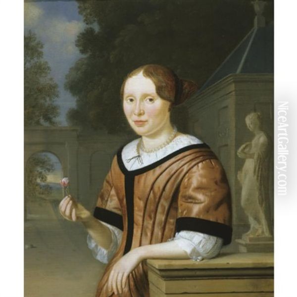 A Portrait Of A Lady Holding A Rose, By A Statue Of Flora In A Garden Oil Painting by Pieter Cornelisz van Slingeland