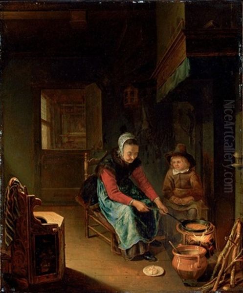 An Interior With A Woman Cooking Pancakes With A Young Boy Before A Hearth Oil Painting by Pieter Cornelisz van Slingeland