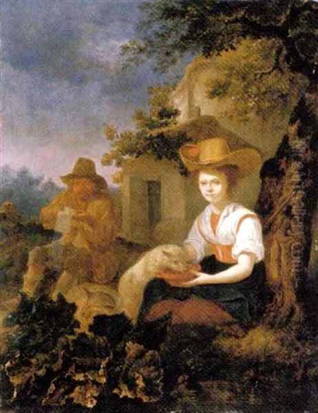 A Shepherd And A Young Shepherdess With Their Sheep By A Cottage Oil Painting by Pieter Cornelisz van Slingeland