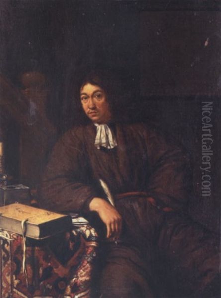 Portrait Of A Gentleman Sitting Holding A Quill Besides A Table Oil Painting by Pieter Cornelisz van Slingeland