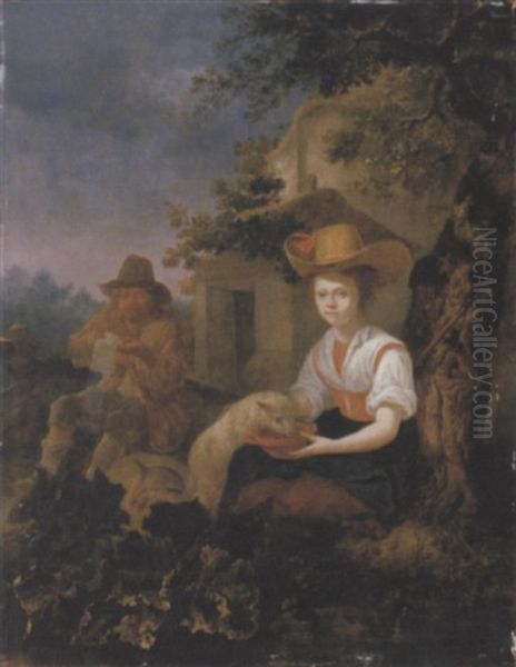 A Shepherd And A Young Shepherdess With Their Sheep By A Cottage Oil Painting by Pieter Cornelisz van Slingeland