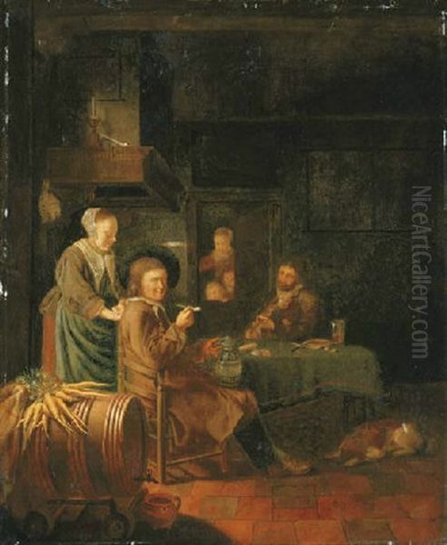 Figures In A Cottage Interior Oil Painting by Pieter Cornelisz van Slingeland