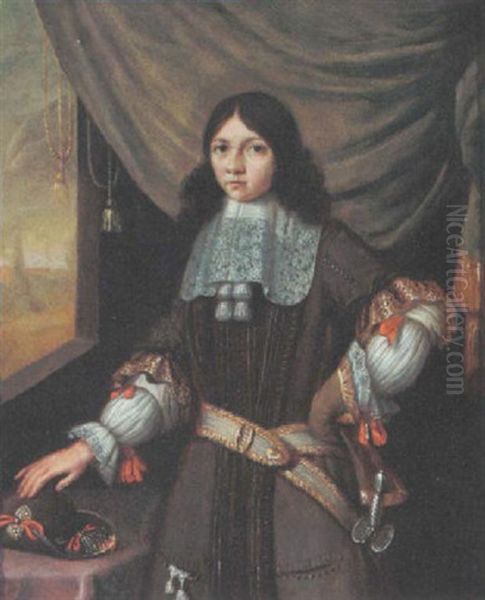 A Portrait Of A Young Nobleman Wearing A Dark Green Costume With A Sable, White Lace Collar And Sleeves Ardorned With Red Ribbons Oil Painting by Pieter Cornelisz van Slingeland