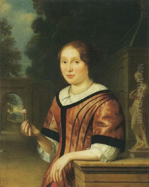 Portrait Of A Lady Wearing Pink, Holding A Rose, In An Ornamental Garden Oil Painting by Pieter Cornelisz van Slingeland