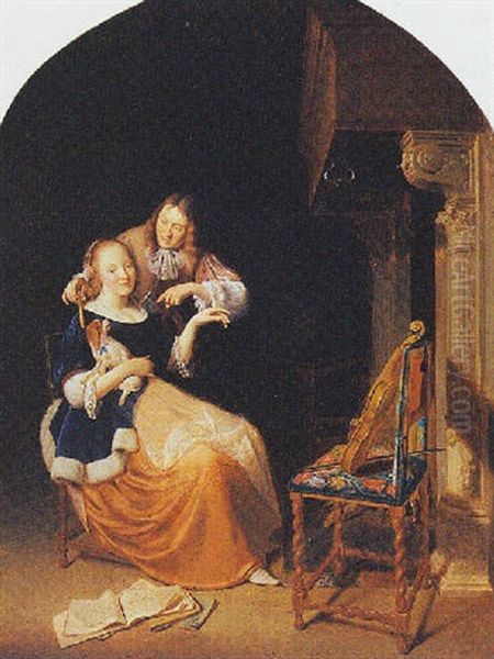 An Interior With A Seated Woman Holding A Dog And A Man Standing Next To Her Holding A Flute Oil Painting by Pieter Cornelisz van Slingeland