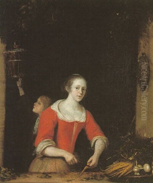 A Maid Peeling Carrots At A Window Oil Painting by Pieter Cornelisz van Slingeland