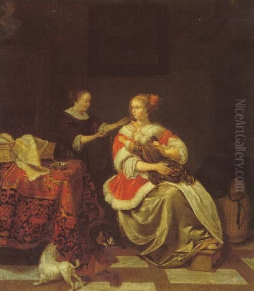 An Interior With A Woman And Her Child And Her Attendant Oil Painting by Pieter Cornelisz van Slingeland