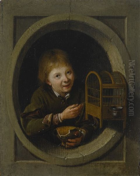 Boy In A Window With A Birdcage Oil Painting by Pieter Cornelisz. van SLINGELANDT